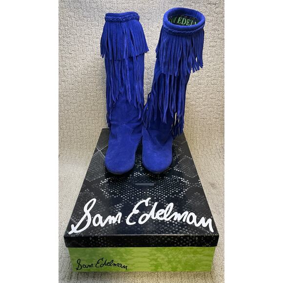 Sam Edelman Blue Suede Utah Fringe Boots 7M NEW BOX Knee High Western SW - Picture 1 of 15